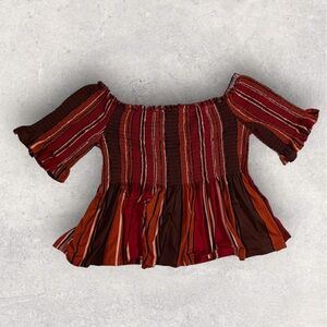 LIBERTY LOVE ruched flare waist woven top red orange white brown short sleeves